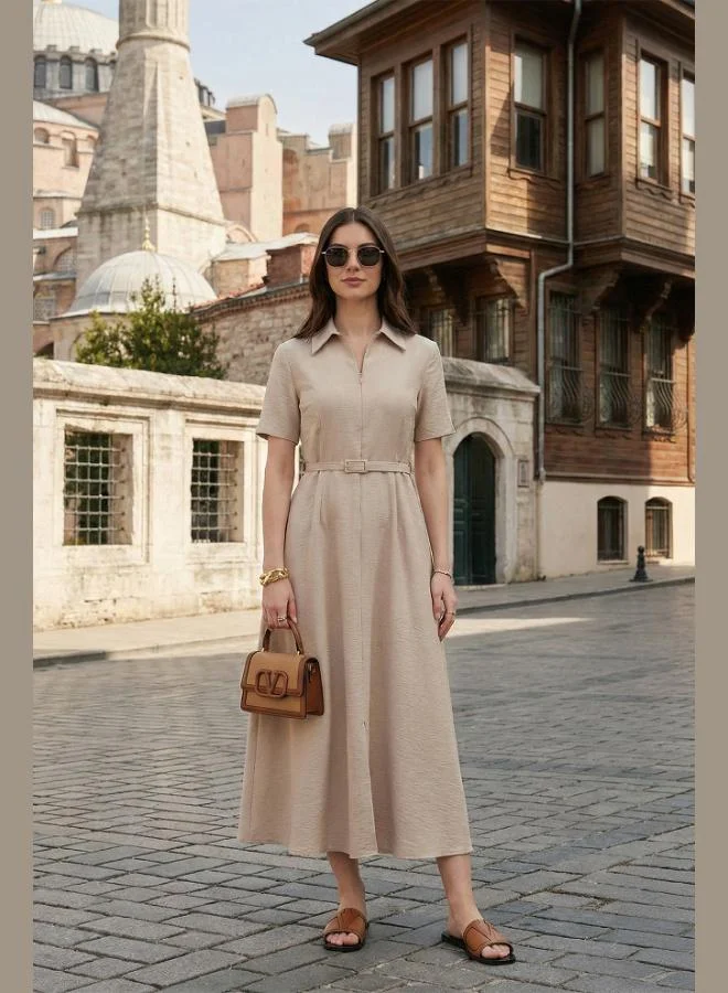 ليلا فستان ميدي بياقة كلاسيكية وفتحة جانبية للنساء من ليلا